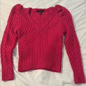 White House Black Market Women's V-Neck Puff Sleeve Cable Pullover Sweater Pink